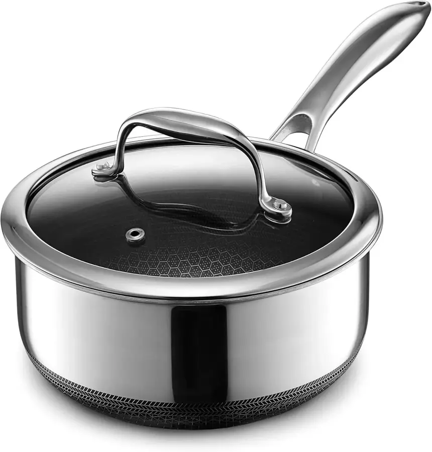 HexClad 3qt Hybrid Saucepan with Lid — 3-quart saucepan with tempered glass lid