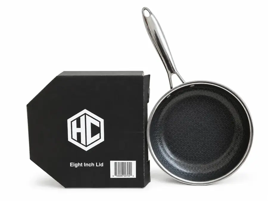 HexClad 8-inch Frying Pan (TerraBond) — 8-inch frying pan with its lid box