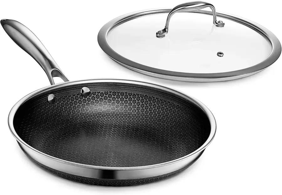 HexClad 10-inch Frying Pan (TerraBond) — 10-inch frying pan with tempered glass lid